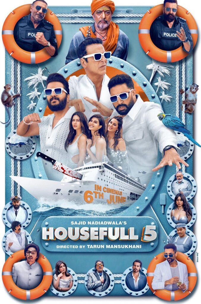 Housefull 5 Trailer Still featuring Akshay Kumar, Abhishek Bachchan, and Riteish Deshmukh on a luxury cruise