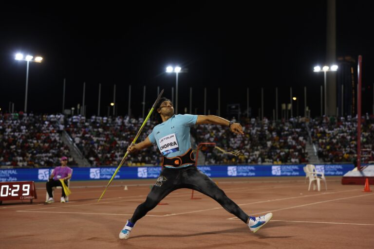 Neeraj celebrates after 90.23m throw at Doha Diamond League