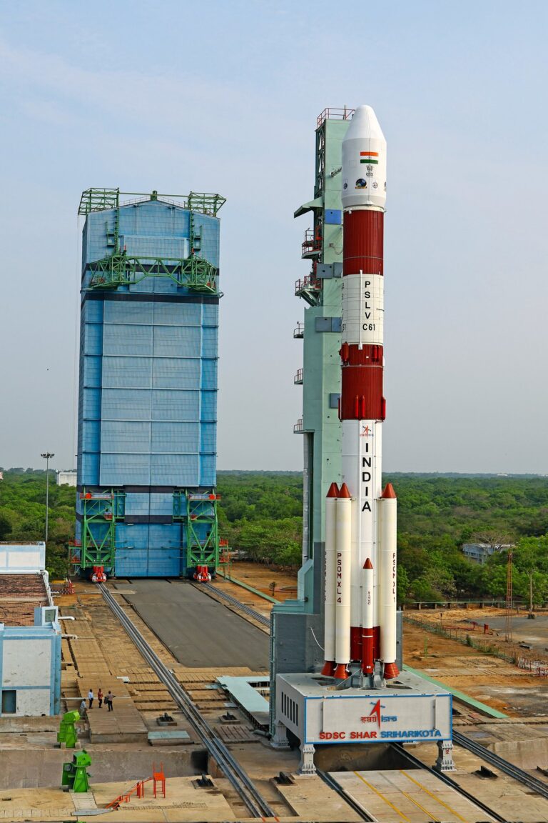 PSLV-C61 rocket on launch pad at Sriharikota, ready for the ISRO EOS-09 satellite launch on May 18, 2025