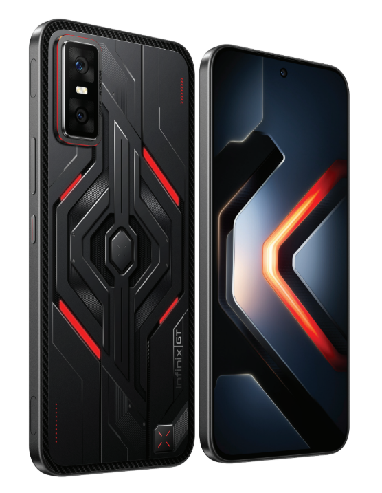 Infinix GT 30 Pro smartphone in Dark Flare color with LED back design