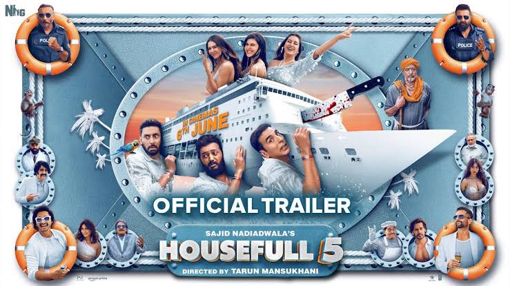 Housefull 5 Trailer Still featuring Akshay Kumar, Abhishek Bachchan, and Riteish Deshmukh on a luxury cruise