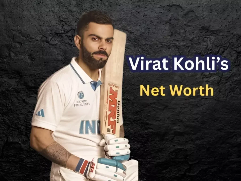 Virat Kohli smiling in a black suit with brand logos, symbolizing his net worth and endorsements in 2025