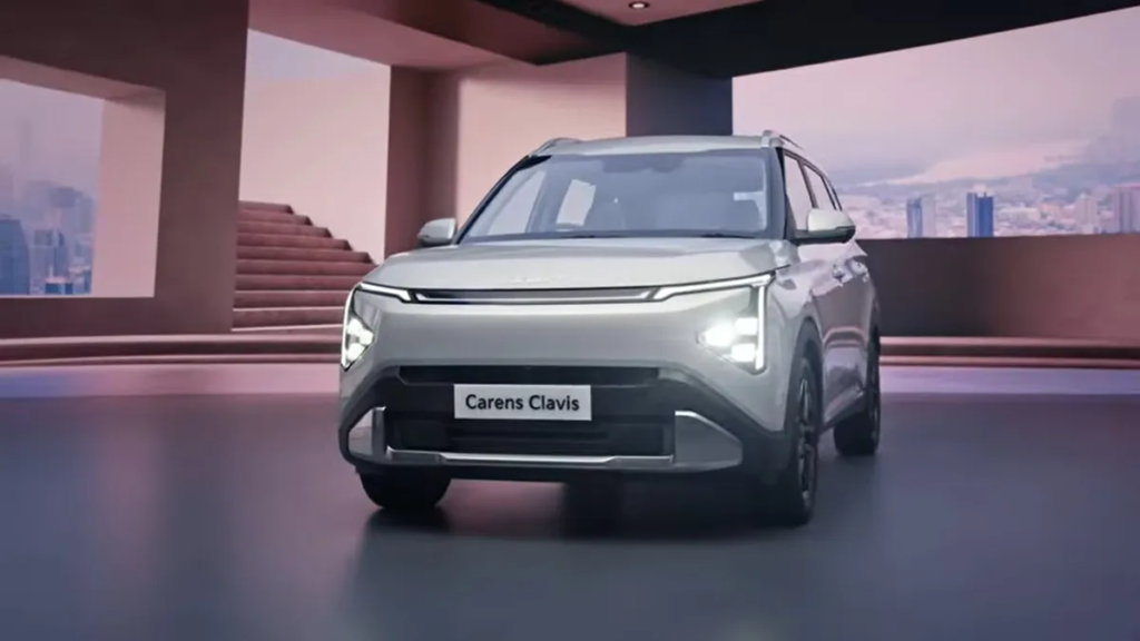 Front view of the Kia Carens Clavis 2025 showcasing new LED headlamps and grille design