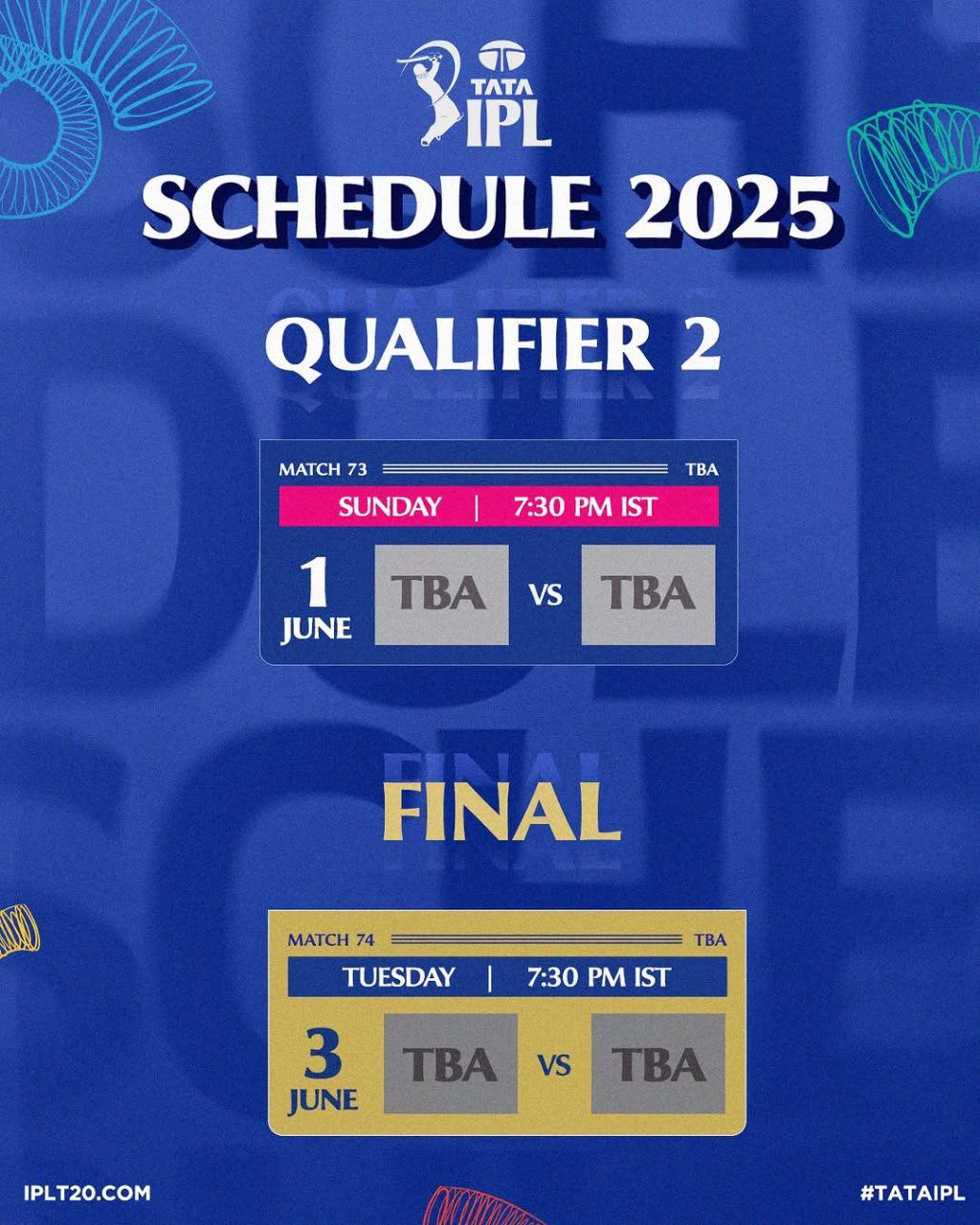 IPL 2025 playoff dates from May 29 to June 3