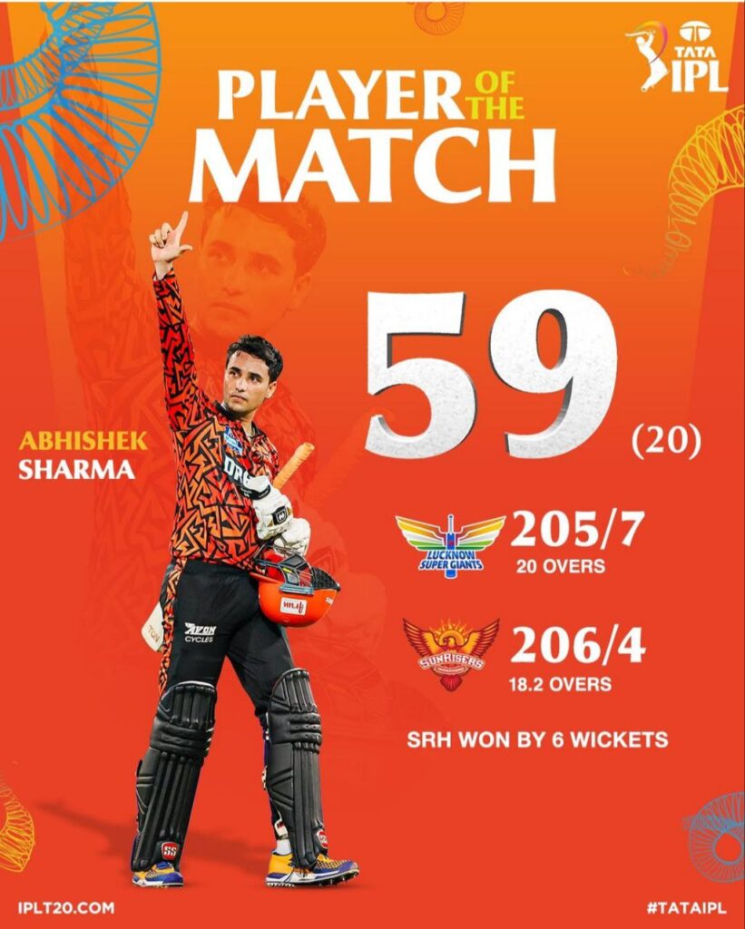 "Abhishek Sharma plays an aggressive shot during his 59-run knock for Sunrisers Hyderabad against Lucknow Super Giants in IPL 2025 match"