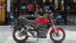 Honda CB300R side profile showing LED headlight and retro design