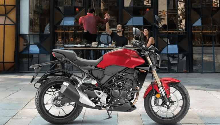 Honda CB300R side profile showing LED headlight and retro design