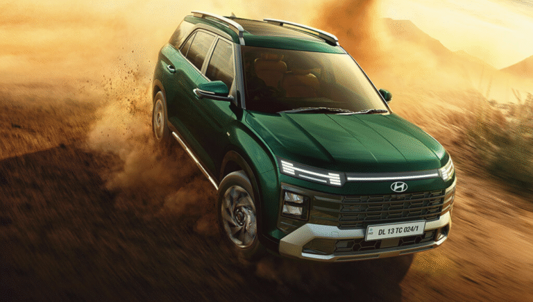 Hyundai Alcazar on road view showcasing alloy wheels