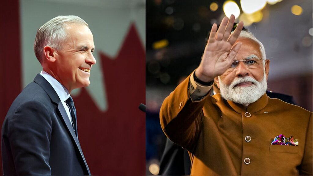 PM Modi and PM Mark Carney in a symbolic handshake, indicating renewed diplomatic ties
