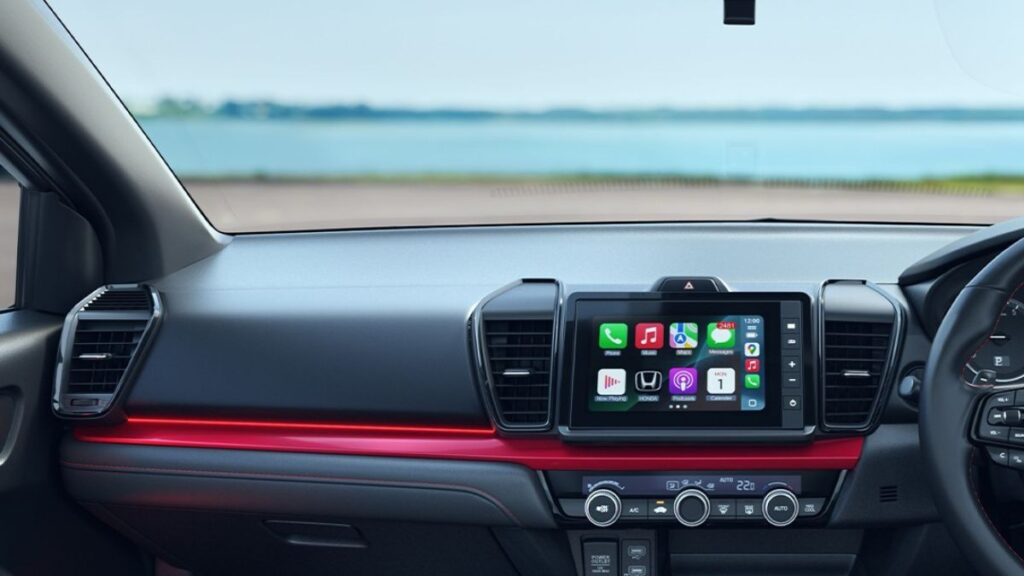 All-black interior of Honda City Sport Edition 2025 featuring red stitching and ambient lighting