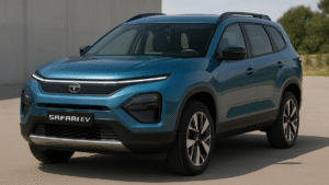 Front profile of Tata Safari EV 2025 in metallic blue featuring closed grille and connected LED DRLs