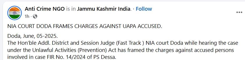 NIA Court in Doda frames UAPA charges against four accused in terror-related case