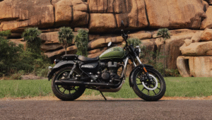 Royal Enfield Meteor 350 parked on road showcasing cruiser design