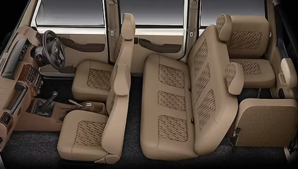Interior cabin of Mahindra Bolero 2025 with dual-tone dashboard