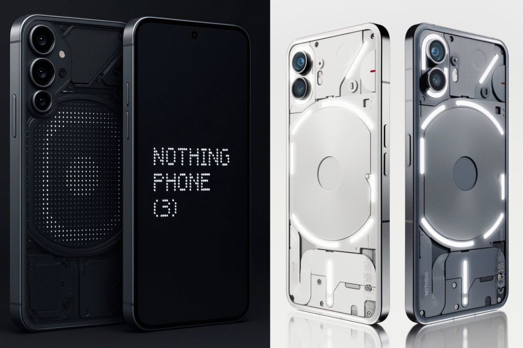 Side-by-side comparison of Nothing Phone 3 vs Phone 2 with triple camera setup and display features highlighted