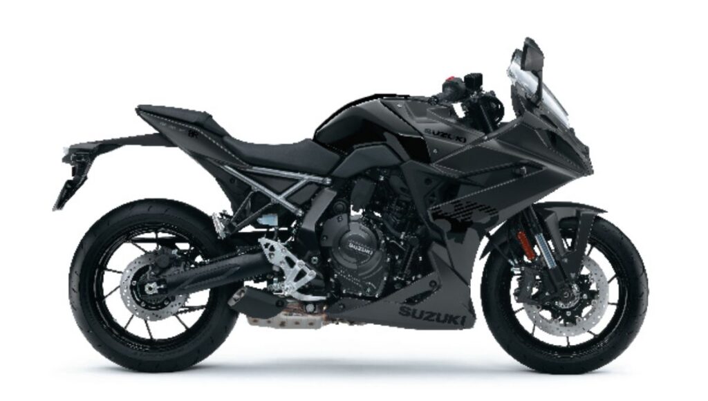 Side profile of Suzuki GSX-8R in racing black color highlighting mass-forward design