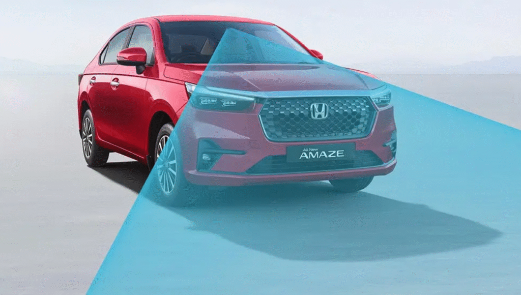 Honda Amaze 2025 exterior front view with LED projector headlamps