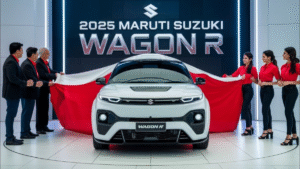 2025 Maruti Wagon R in dual-tone colour parked in urban setting showcasing its upright design and refreshed exterior