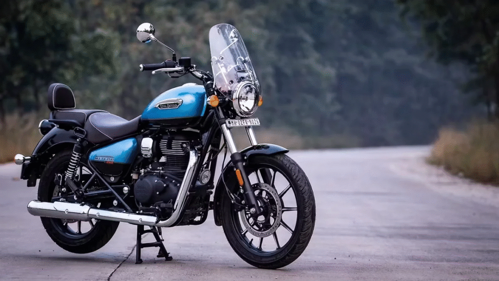 Royal Enfield Meteor 350 Fireball variant in red with chrome exhaust and stylish detailing