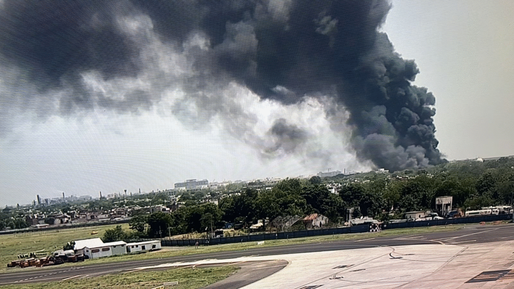 Thick smoke rises from the Air India Ahmedabad crash site near the airport