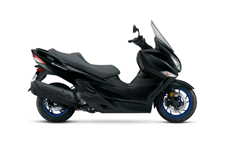 2025 Suzuki Burgman 400 in Pearl Matte Shadow Green with gold wheels – side profile