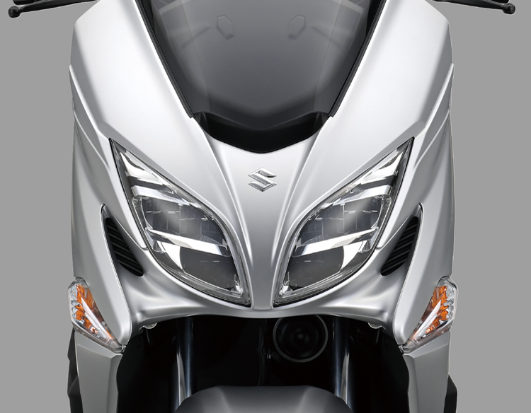 Front view of 2025 Suzuki Burgman 400 Metallic Blue variant on display