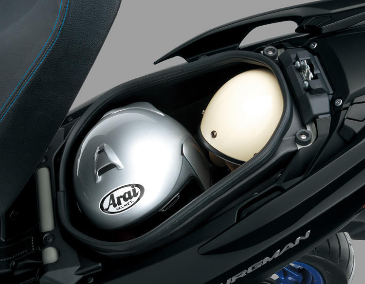Under-seat storage space of 2025 Suzuki Burgman 400 scooter