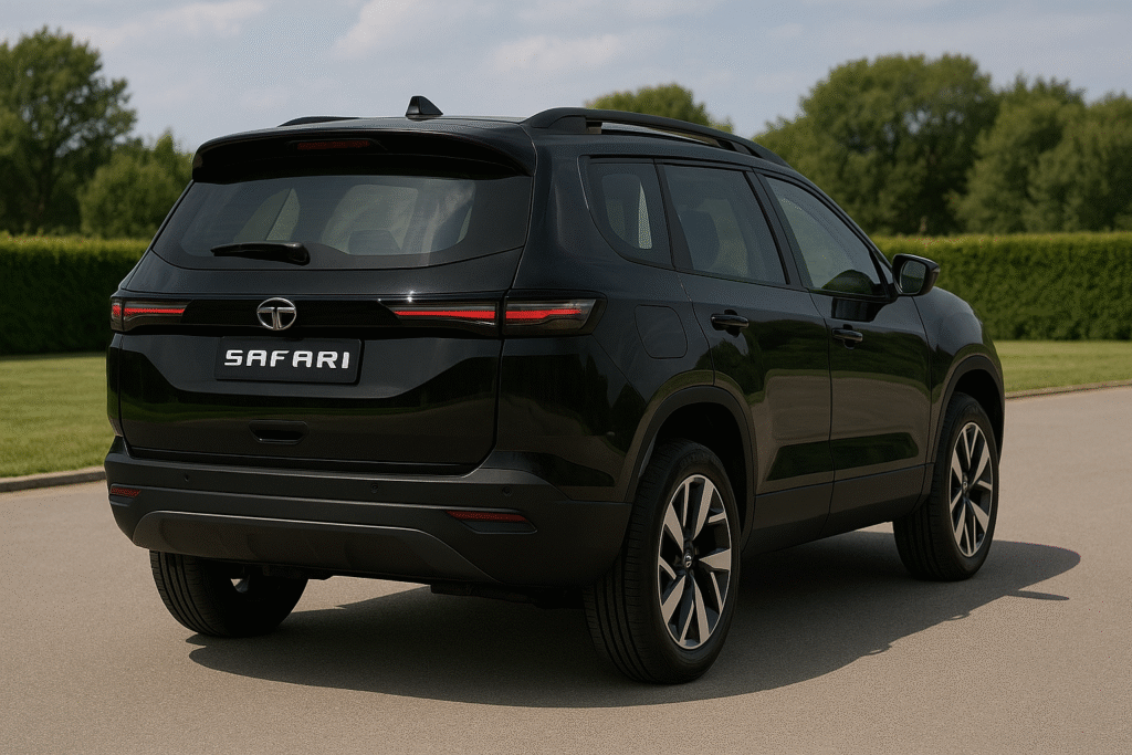 Rear view of Tata Safari EV 2025 in glossy black finish showing wraparound LED tail lights and Safari branding